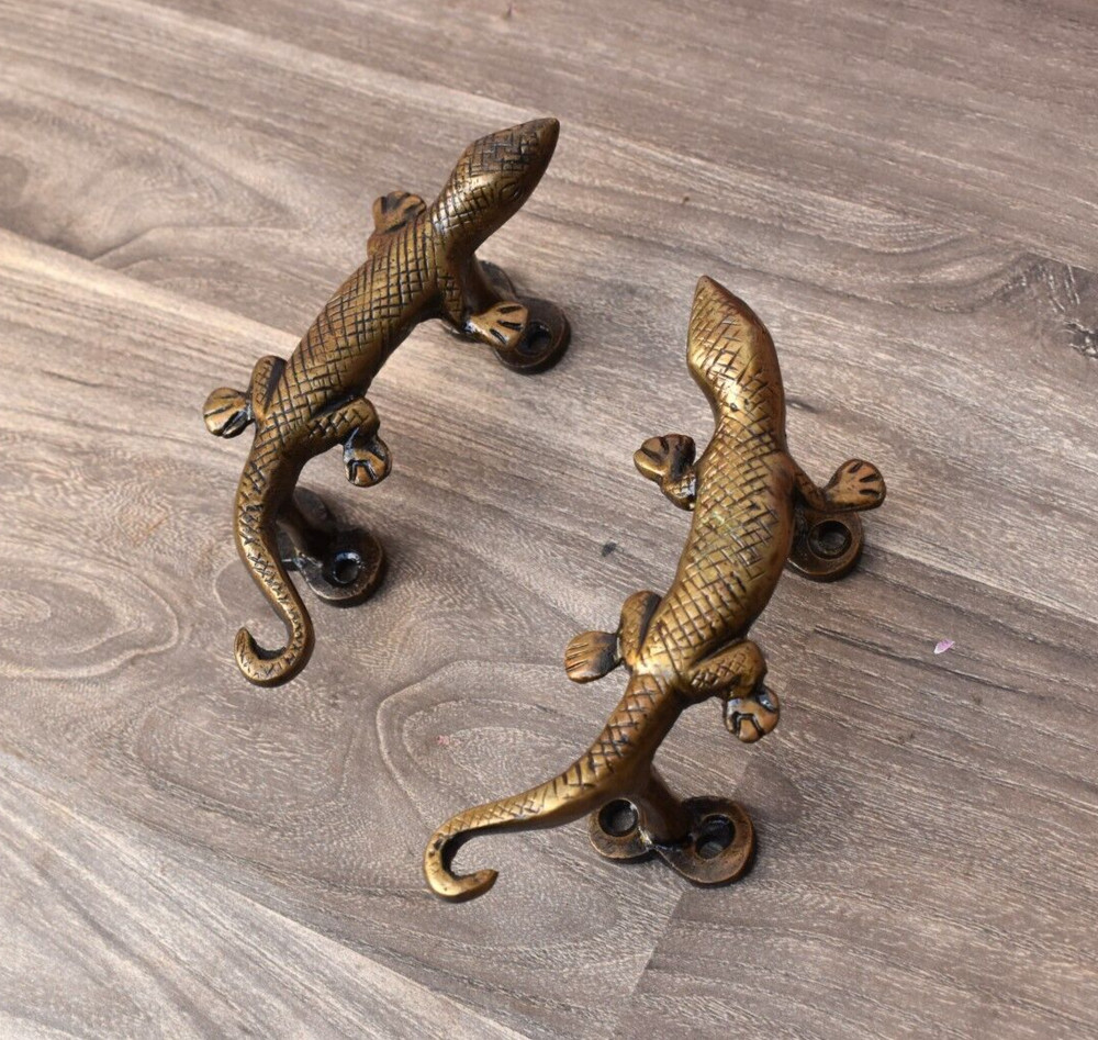 Vintage Brass Door Handle Lizard Heavy Gate Pull Drop Original Handle 2 Pcs