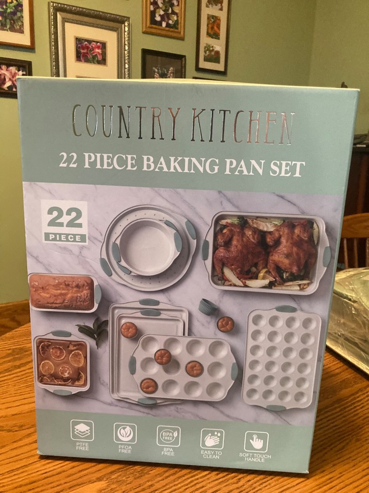 Country Kitchen 22 piece Nonstick Bakeware Set Sage & Cream Heavy Duty Stackable