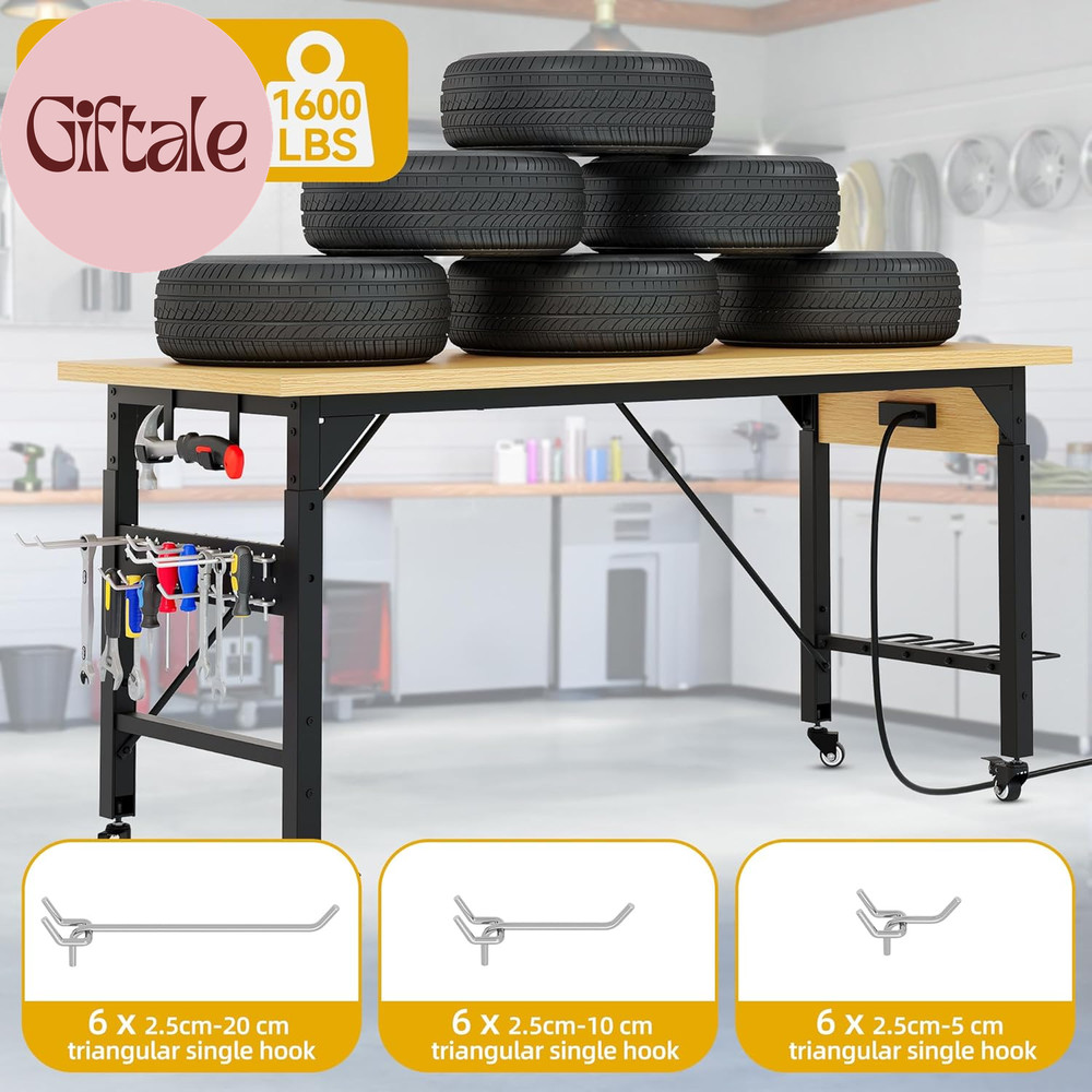 60" Adjustable Workbench on Wheels, Garage Tool Work Bench with Outlets & Wheels