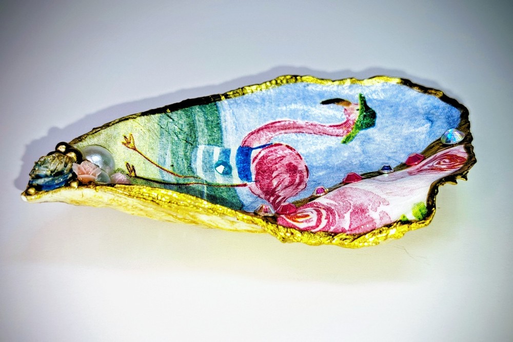 Handcrafted Decoupaged Petite Oyster Shell Ring/Trinket Dish