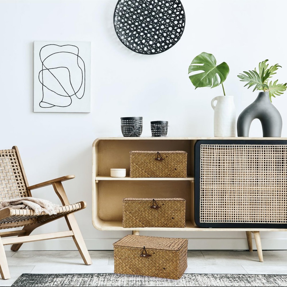 3 Set Caramel Rectangular Wicker Baskets, Lid, Seagrass, Decorative Bins