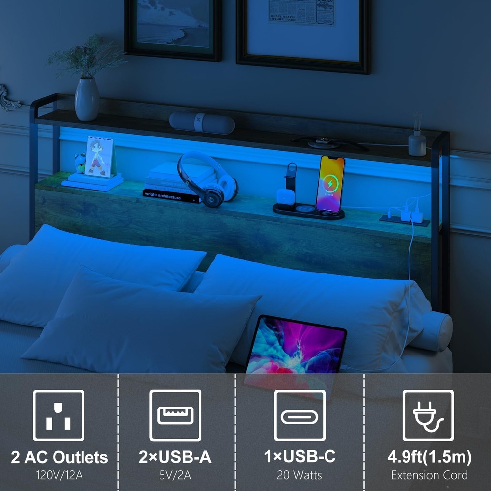 Adjustable Full Size Headboard with Outlets, USB Ports,Type-C LED Lights, and...