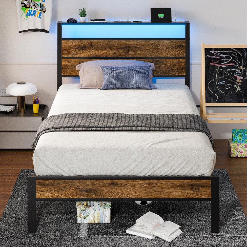 Twin Bed Frame with Storage Headboard USB Charging Station, Smart LED Lights,...