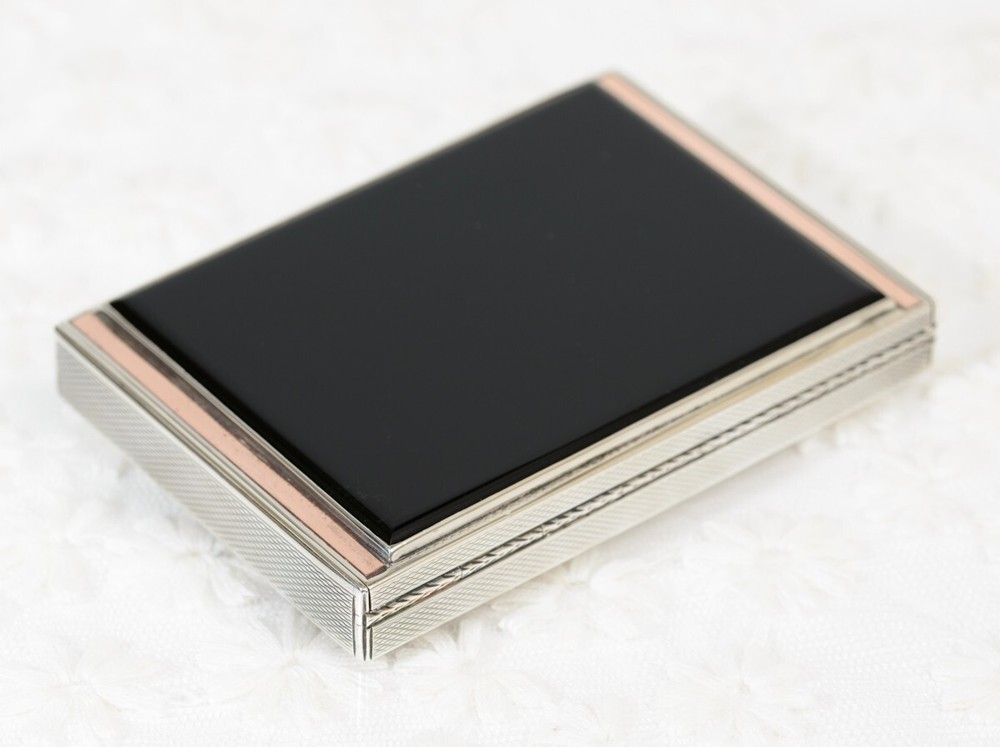 Art Deco Solid Sterling Silver Rose Gold & Onyx Box / Case - Hallmarked 1936