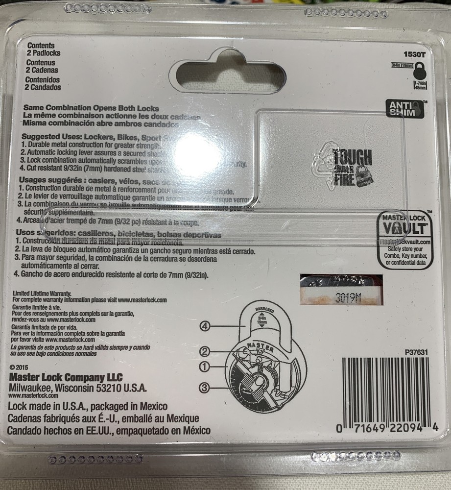 Master Lock 1530T Locker Lock Combination Padlock, 2 Pack - New