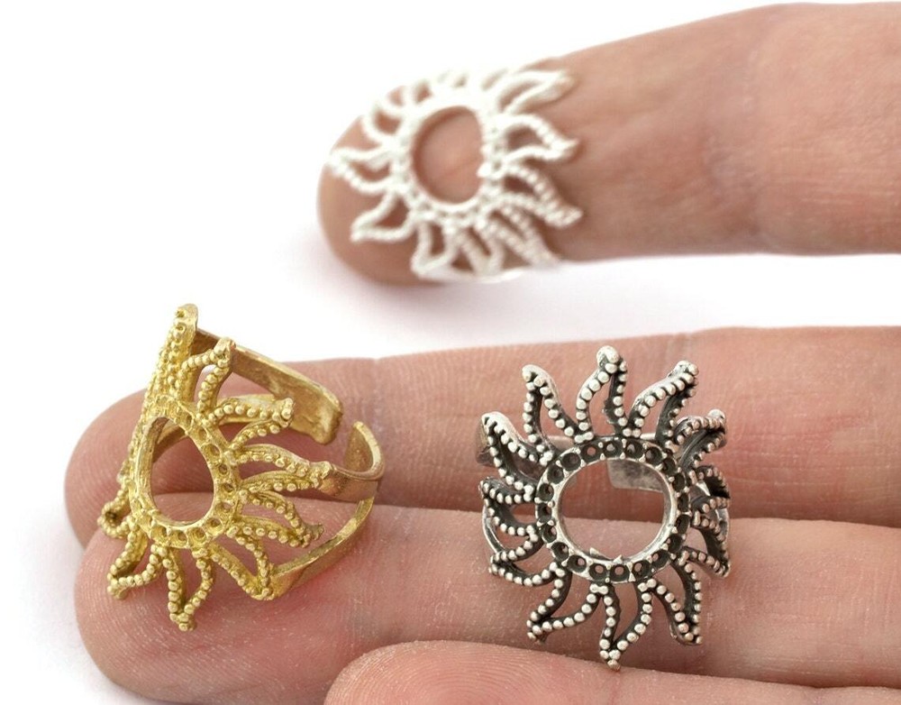Sun Ring Adjustable Raw brass, Shiny Silver, Antique silver 7US size 5247