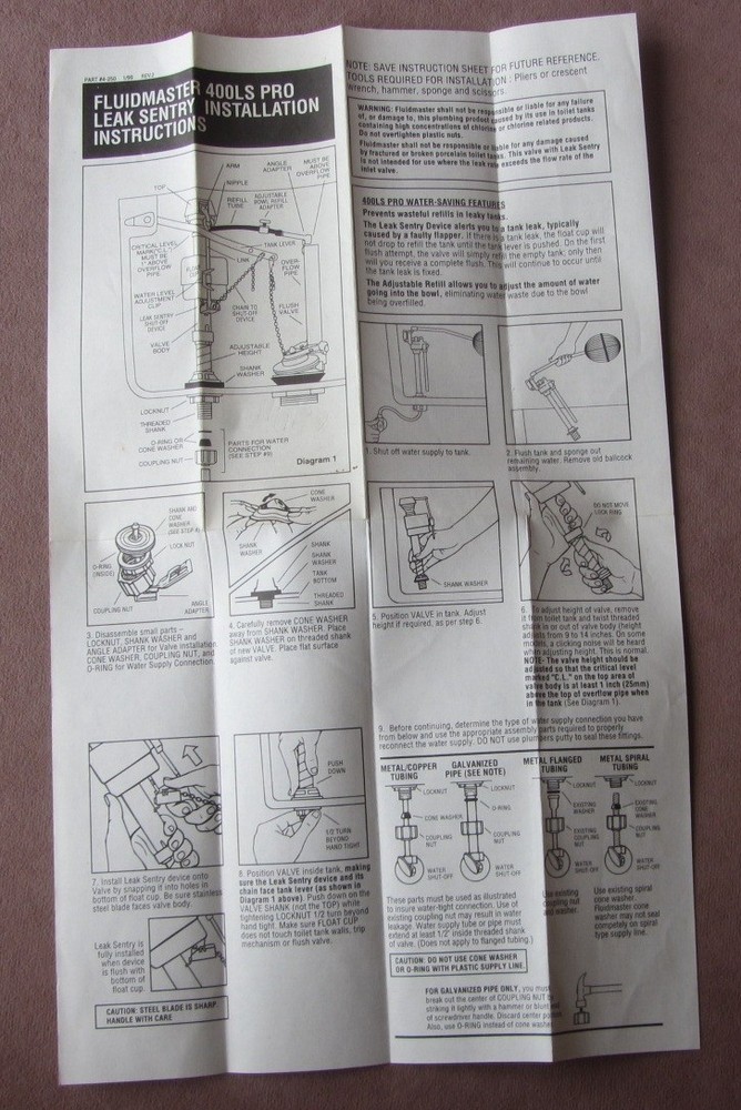 Original 1999 Fluidmaster 400LS Pro Leak Sentry Installation Instructions