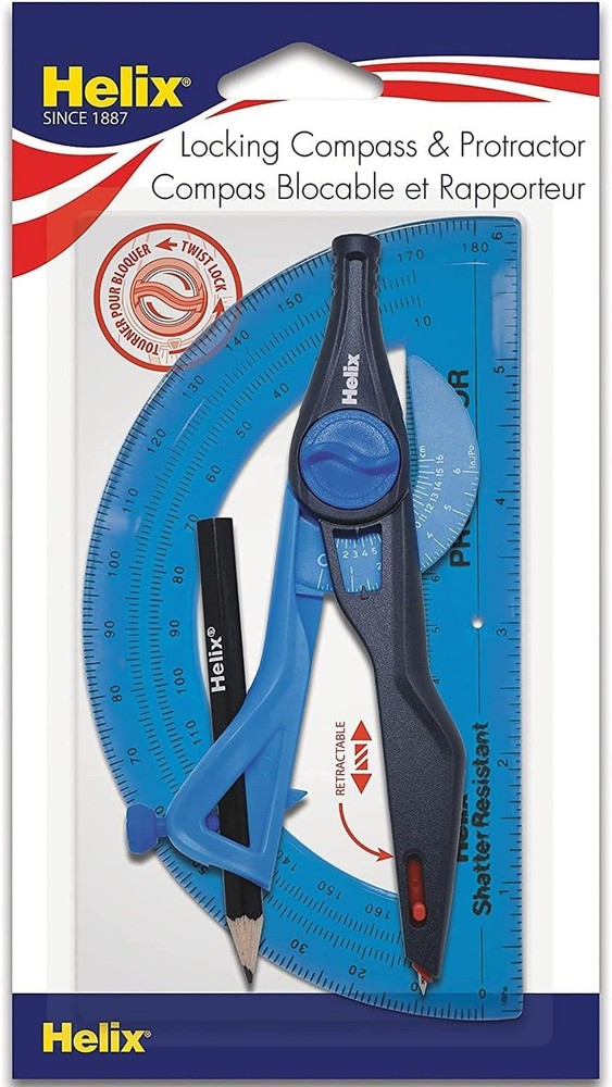 Helix - Plastic Locking Compass and Protractor - 2 Piece Set - Geometry, Draf...