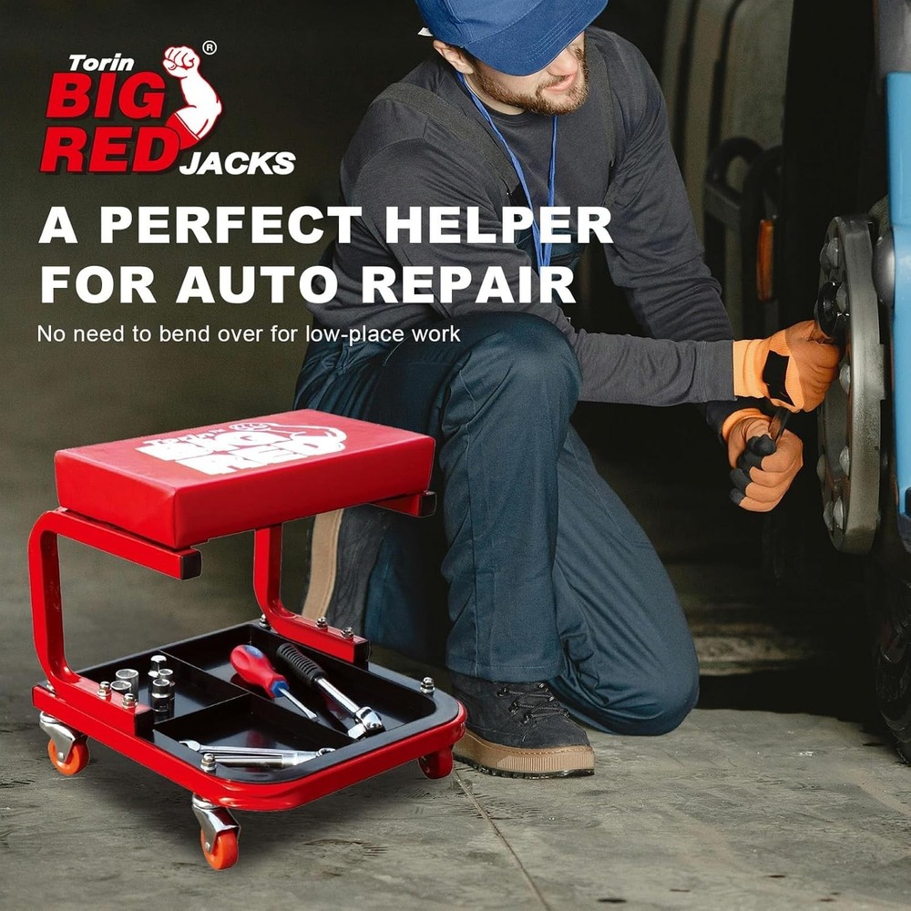 Red Rolling Creeper Seat: Padded Mechanic Stool