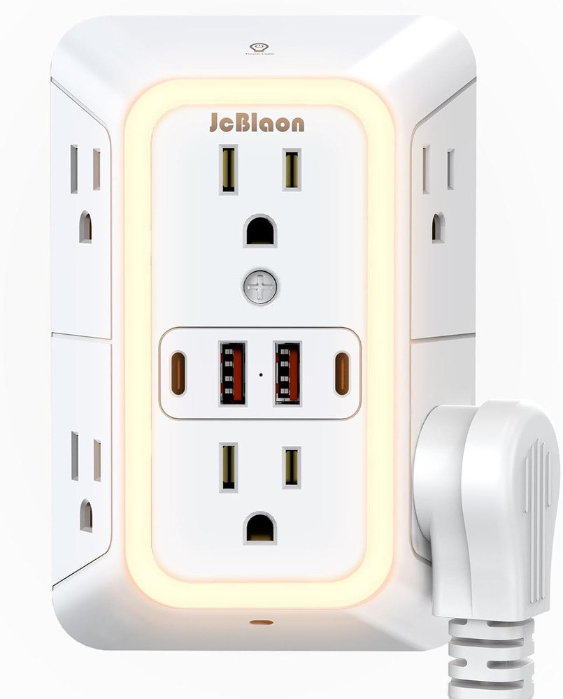 Wall Outlet Extender with Night Light, Power Plug Adapter Multi Plug Outlet Surg
