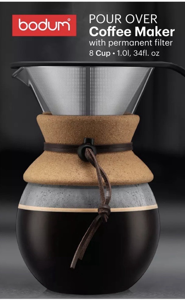 BODUM 8-Cup Glass & Cork Pour Over Coffee Maker with Permanent Reusable Filter