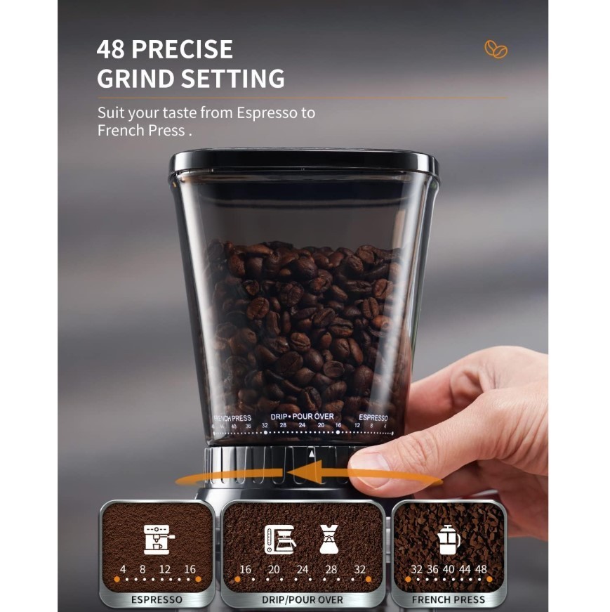 NEW - Professional Conical Burr Coffee Grinder, 48 Settings,Precision Timer
