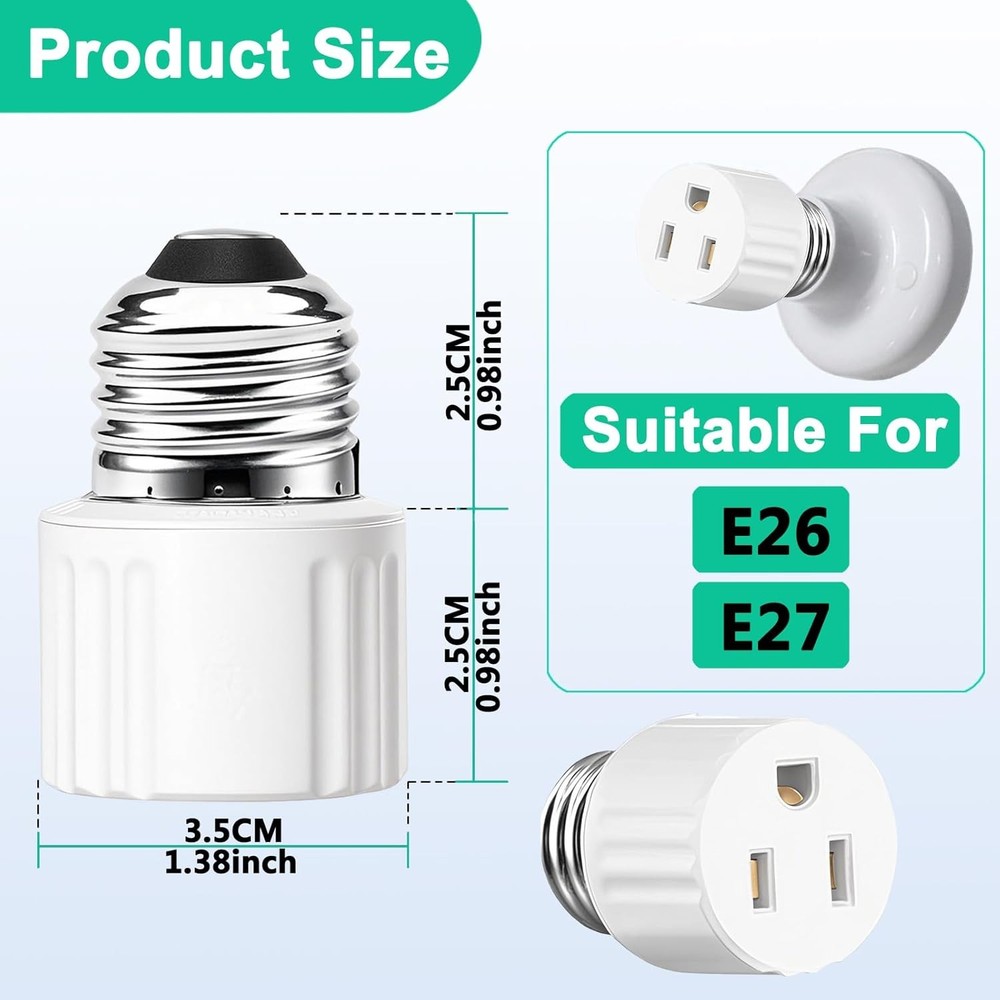 3 Packs Light Socket Plug Adapter,3 Prong Light Socket to Plug Adapter,E26 Light