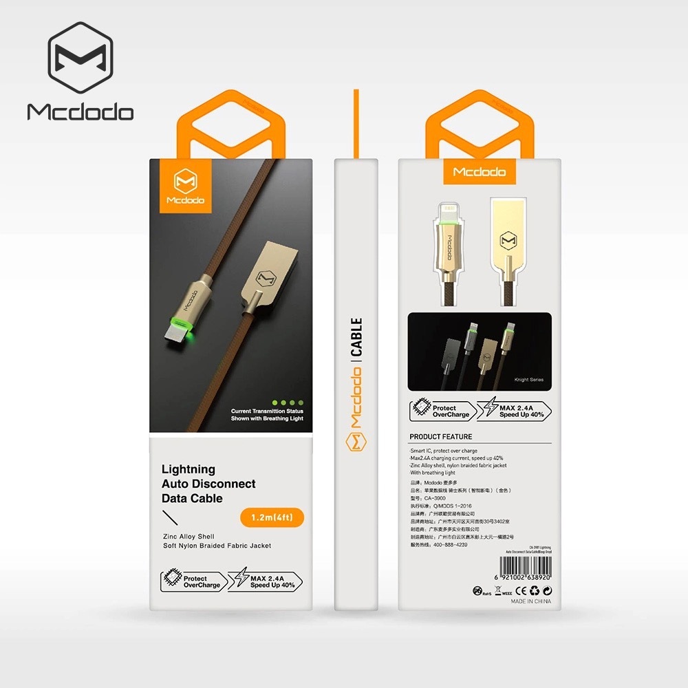 MCDODO Smart LED Auto Disconnect Data USB Charging Cable iPhone X/8/7/6S