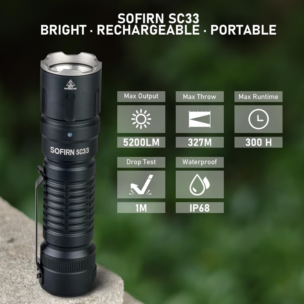 Sofirn SC33 5200Lm USB-C Rechargeable Tactical Flashlight Waterproof LED