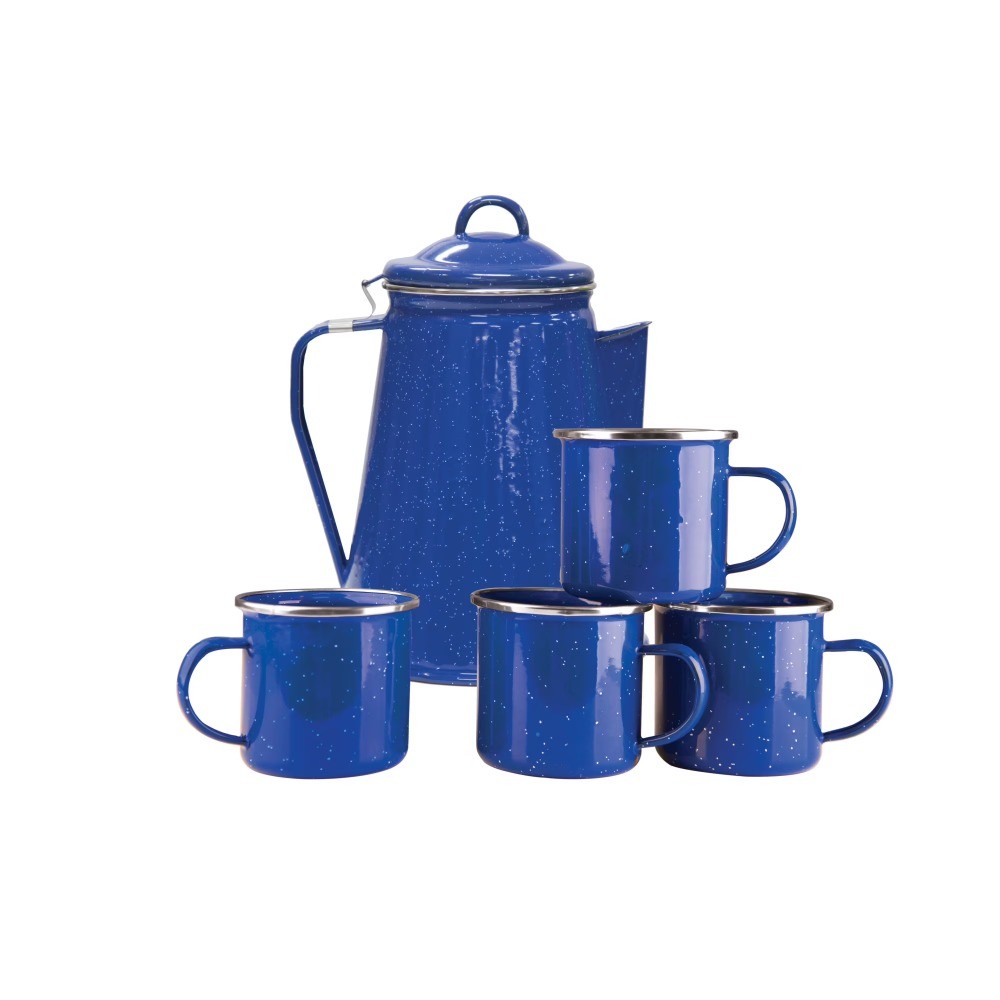Enamel Percolator Coffee Pot & 4 Mug Set - Blue