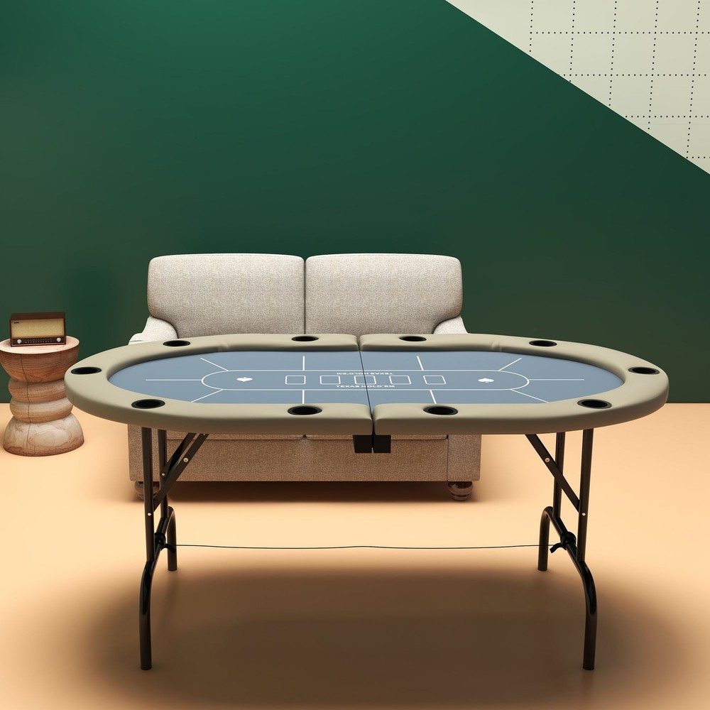 Foldable 70in Poker Table with 10 Cup Holders Blue Color
