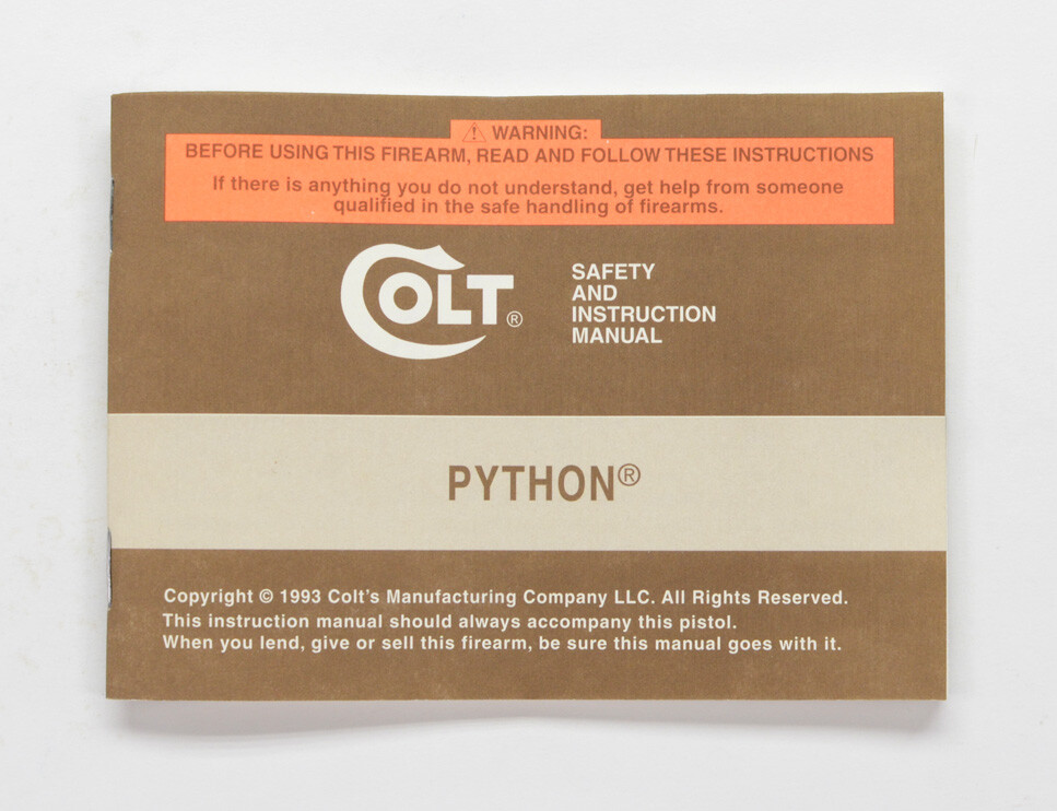 Colt Python Factory Paperwork Packet. 1993 Manual