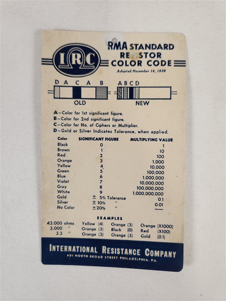 IRC RMA Standard Resistor Color Code Chart ~ Adopted November 14, 1939