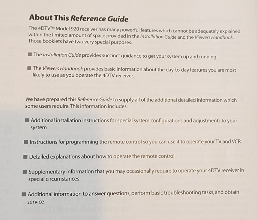 General Instrument GI 4DTV DSR 920 Reference Installation Operational Manual