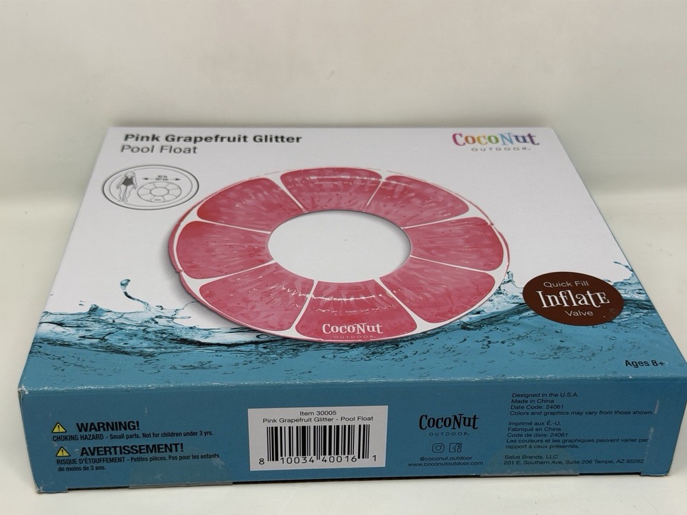Pink Grapefruit Glitter CocoNut 42” Inflatable Ring Float NEW Quick Inflate