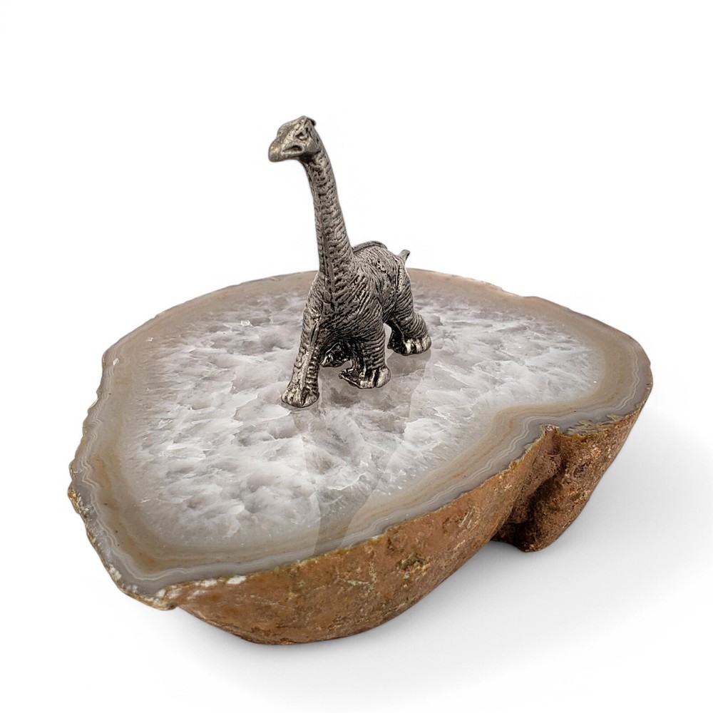 Prehistoric Brachiosaurus Pewter Figurine on Natural Agate Display