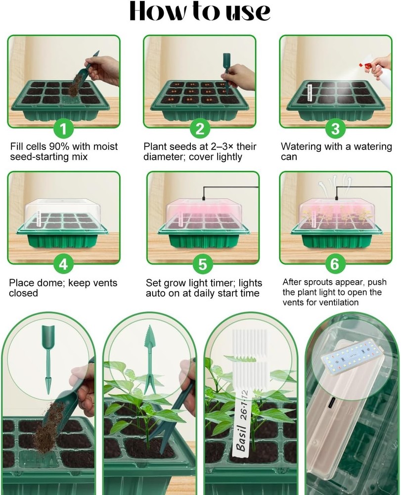 Seed Starter Tray with Grow Light 2x 24-LED, 2 Pack Seed Starter Kit with Hum...