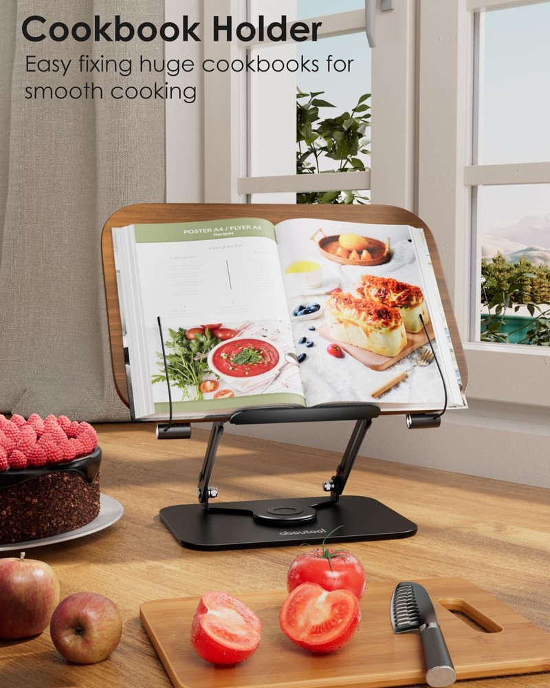 Book Stand for Reading Adjustable Holder with 360Â° Swivel Base & Page Clips