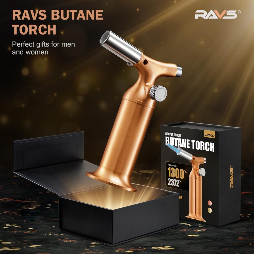 RAVS Butane Torch Lighter with Solid Copper Design, Kitchen Medium, Pink