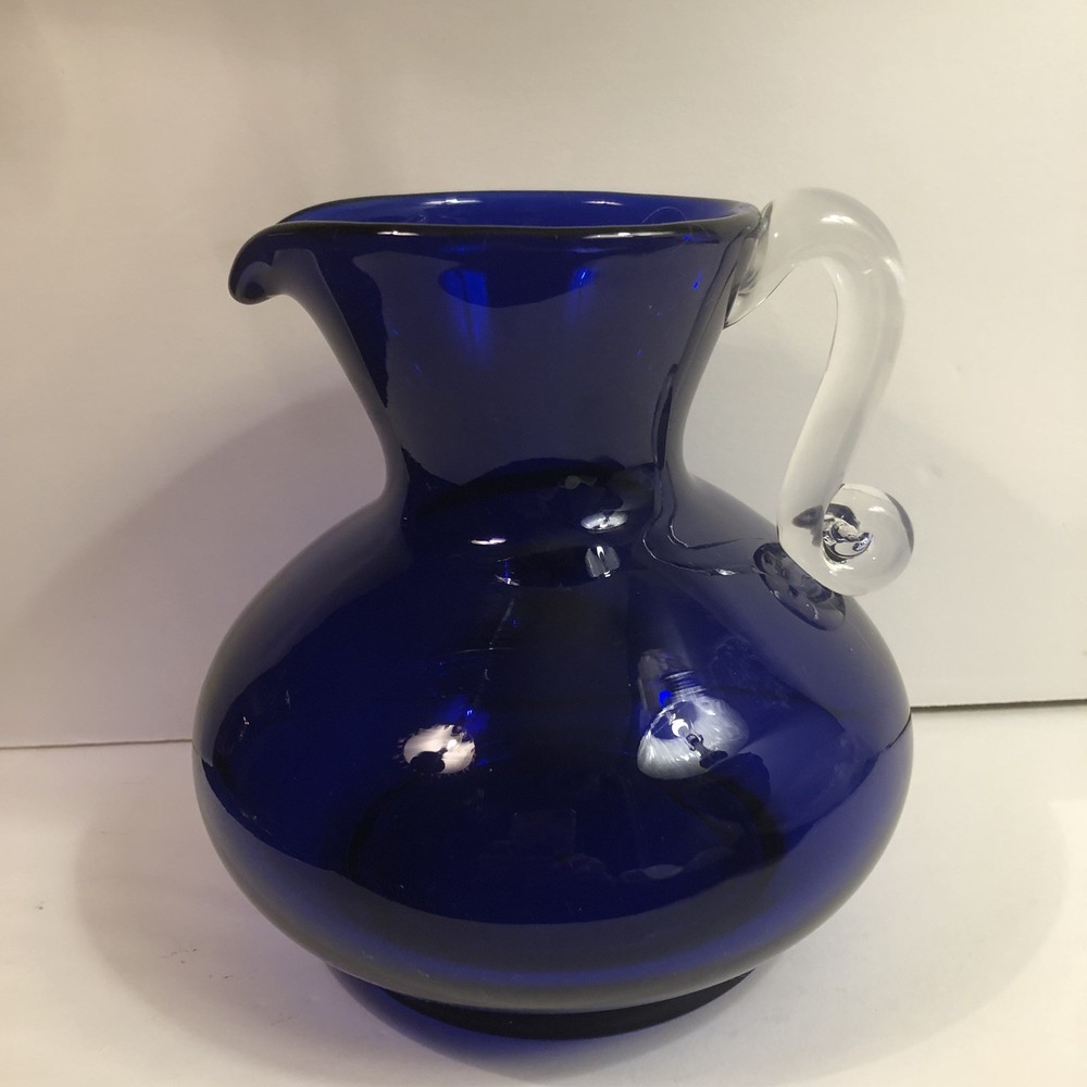 Hand Blown Cobalt Blue Glass Pitcher Clear Applied Handle 7”Poland
