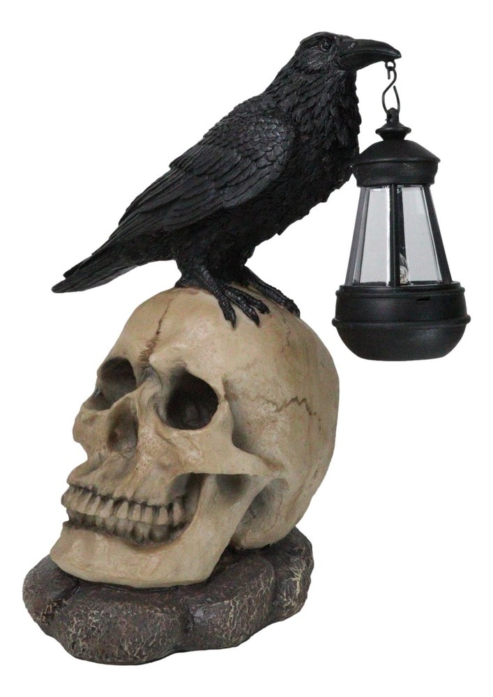 Edgar Corvus Raven Perching On Rose Skull Statue With Solar LED Lantern Light
