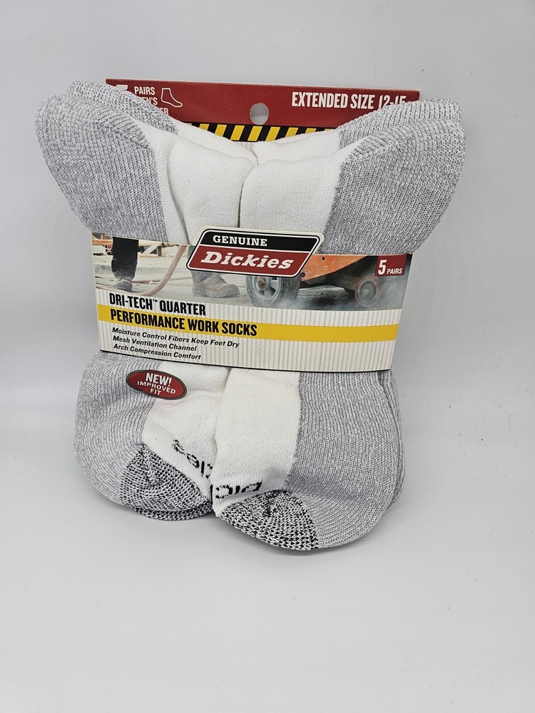 Dickies Men Dri-tech Quarter Performance Work Socks White 5-Pr Extended Sz 12-15