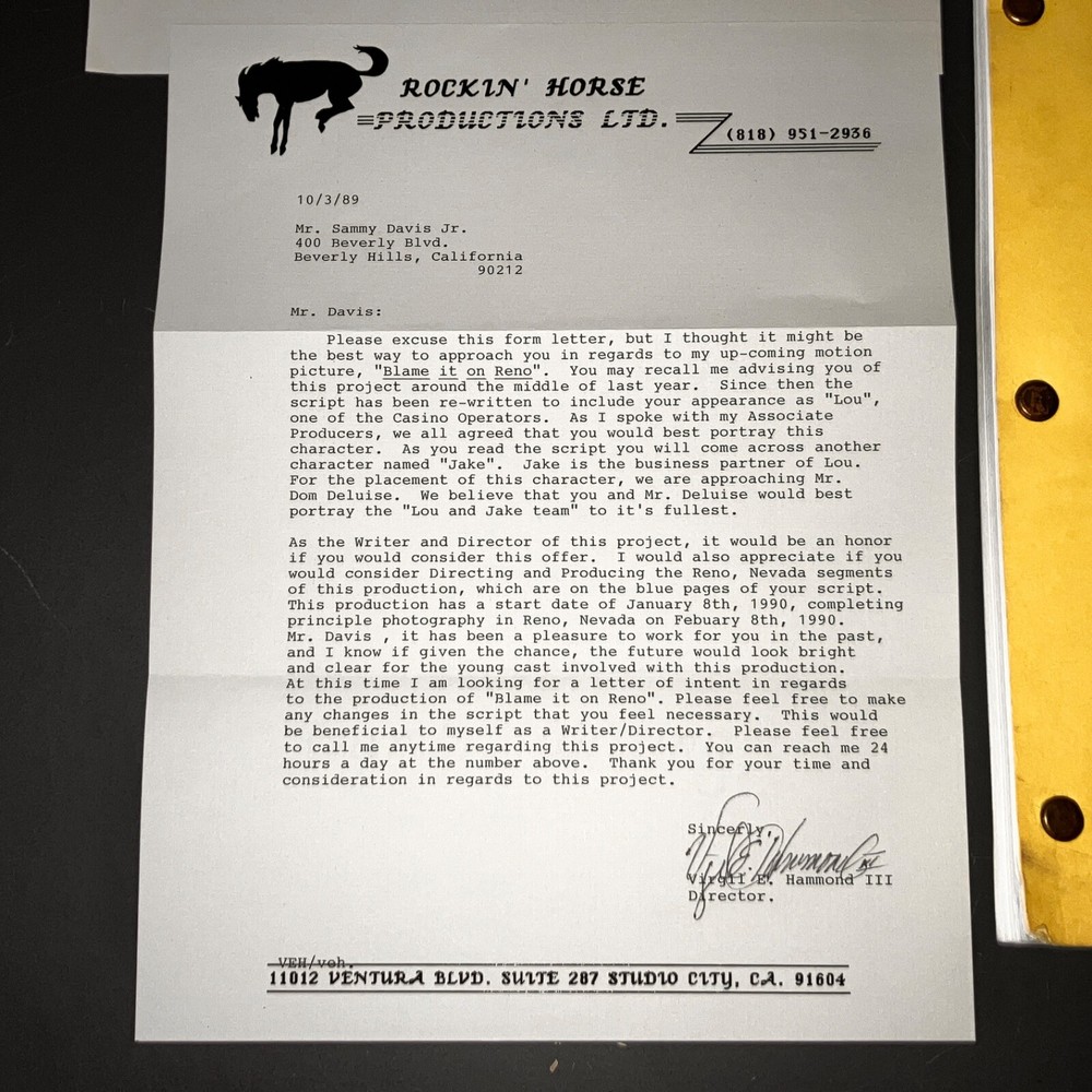 BLAME IT ON RENO (1989) Virgil Hammond / Sammy Davis Jr. Script Presentation+COA