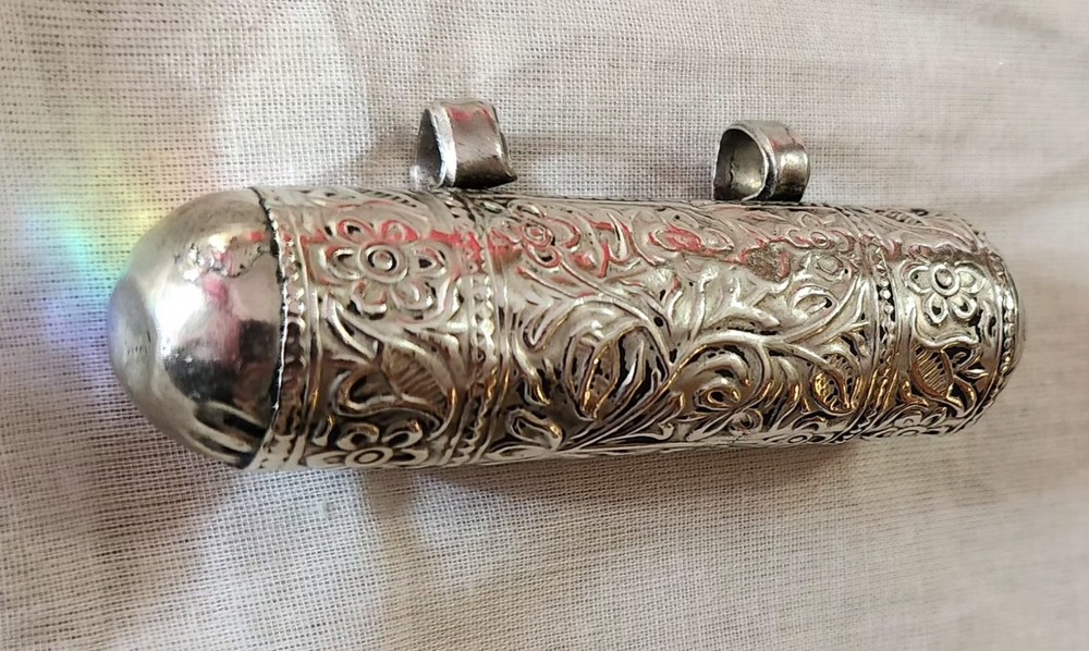 Antique Silver Amulet Case, Hirz, Scroll Holder Pendant With Something Inside