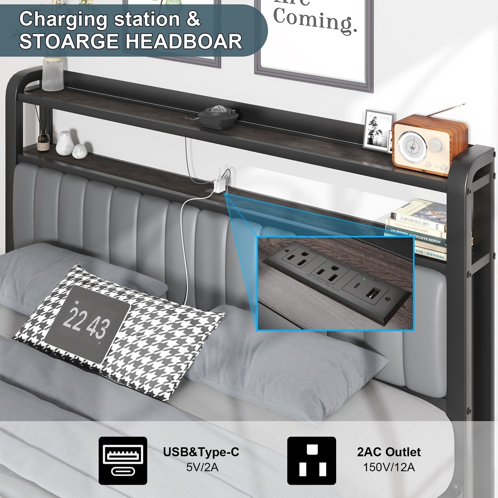 Upholstered Full/Queen/King Bed Frame with Starry Sky Light and Charging Station