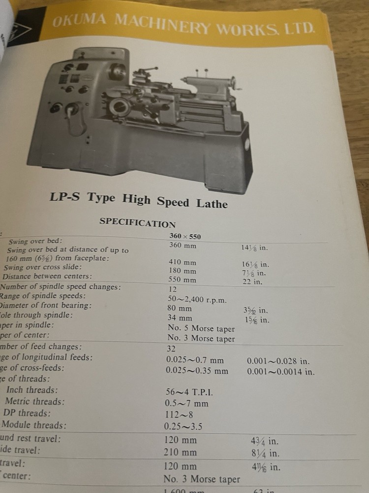 Okuma Machinery Works Specification Catalog,various lathes