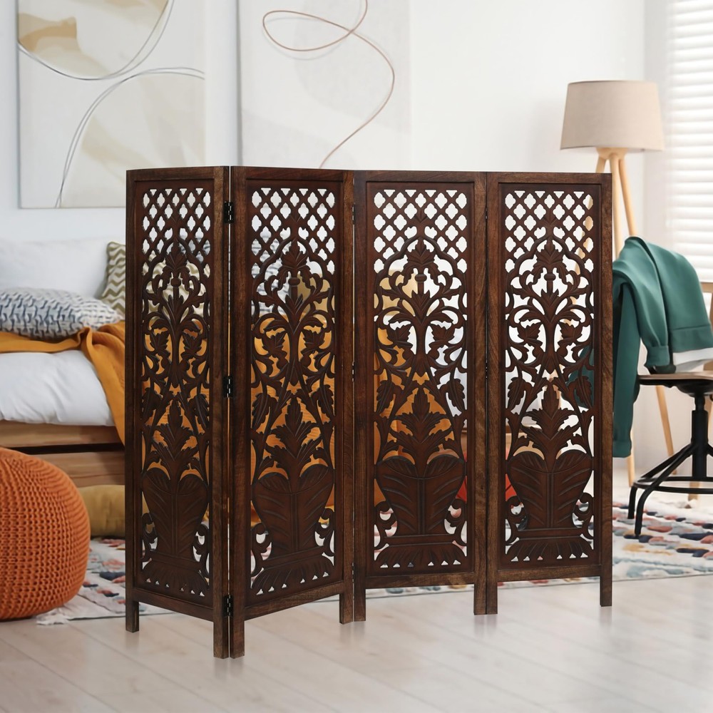 Room Divider Wood Screen Panel – Burnt Brown, 4-Panel Folding 64"x54", Hand-C...