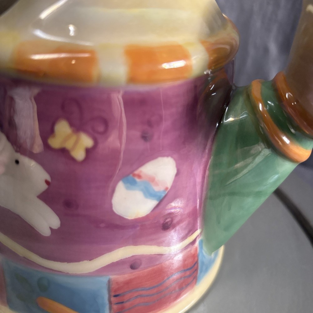Vtg Watering Can or Planter 6.5" 2000 Palm Tree Ceramic Easter Bunny/Eggs Luster