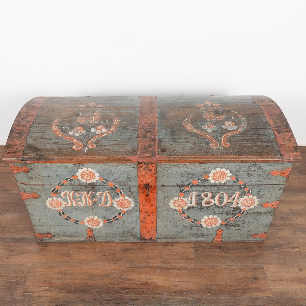 Original Blue Painted Dome Top Trunk from Sweden dated 1804