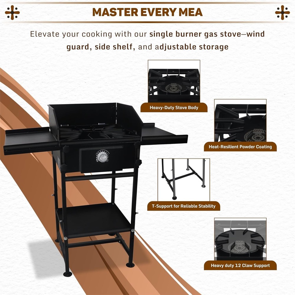Single Burner Propane Stove - with Dual Side & Bottom Shelf and Wind Panel