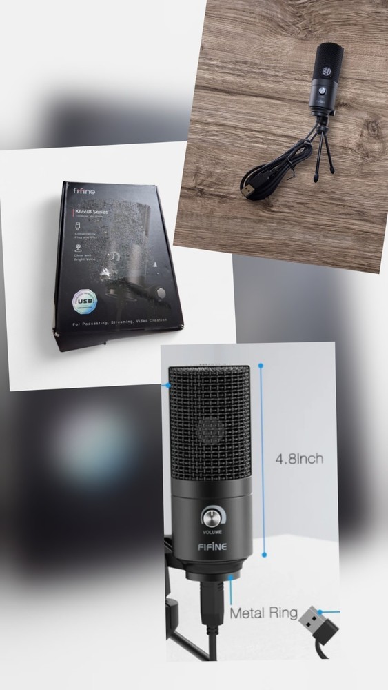 FIFINE K669B USB Condenser Microphone, Adjustable Stand, Volume Control, Black