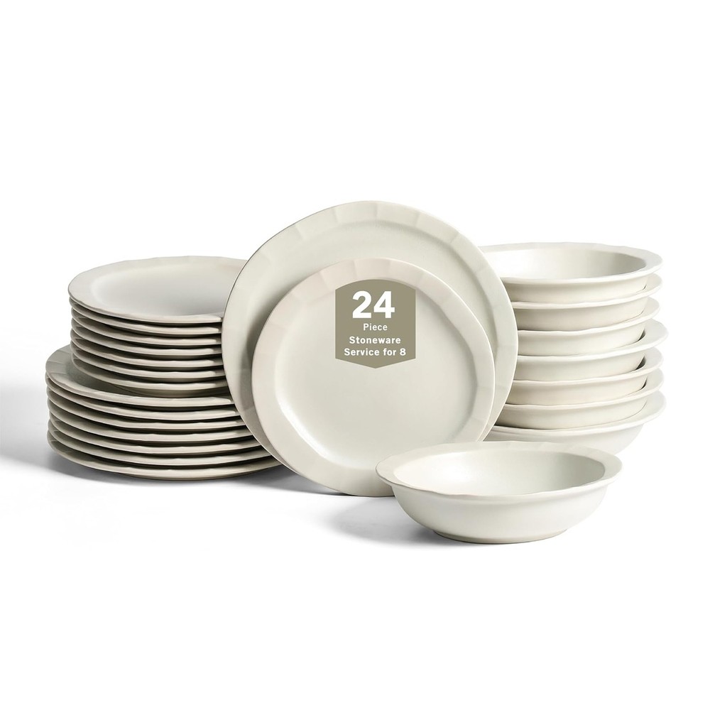 Stone Lain Oasis Stoneware 24 Piece Dinnerware Dish Set, Service for 8, White