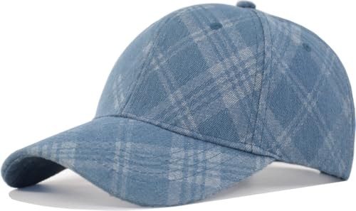 Unstructured Distressed Baseabll Cap Medium-Large Blue（plaid/Soft Structure）