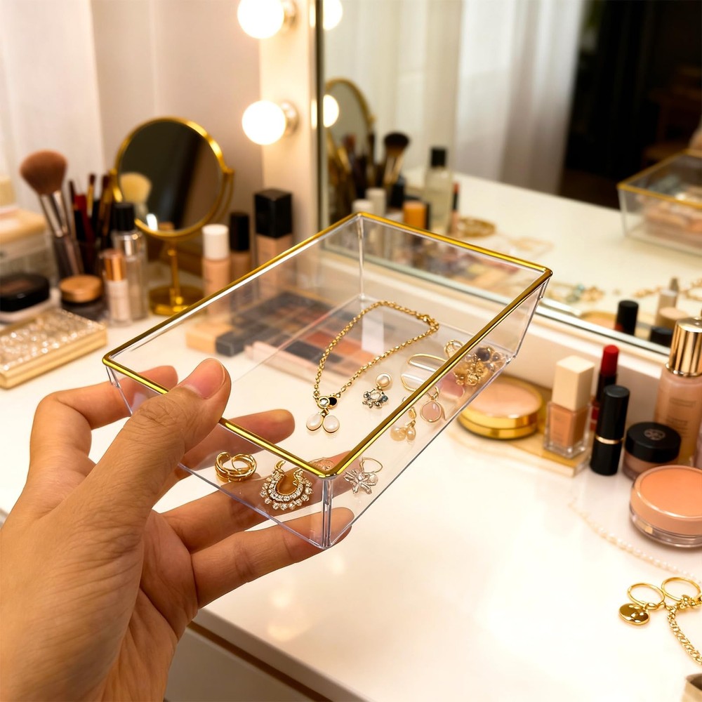 6 Pack Large Size Clear Stackable Drawer Organizer Trays, Gold Rim Makeup Dra...