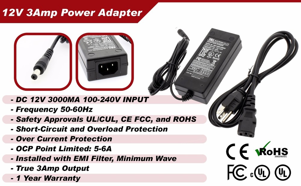 DC 12V 3Amp Power Adapter 4-Split Power Cable for CCTV Security Camera