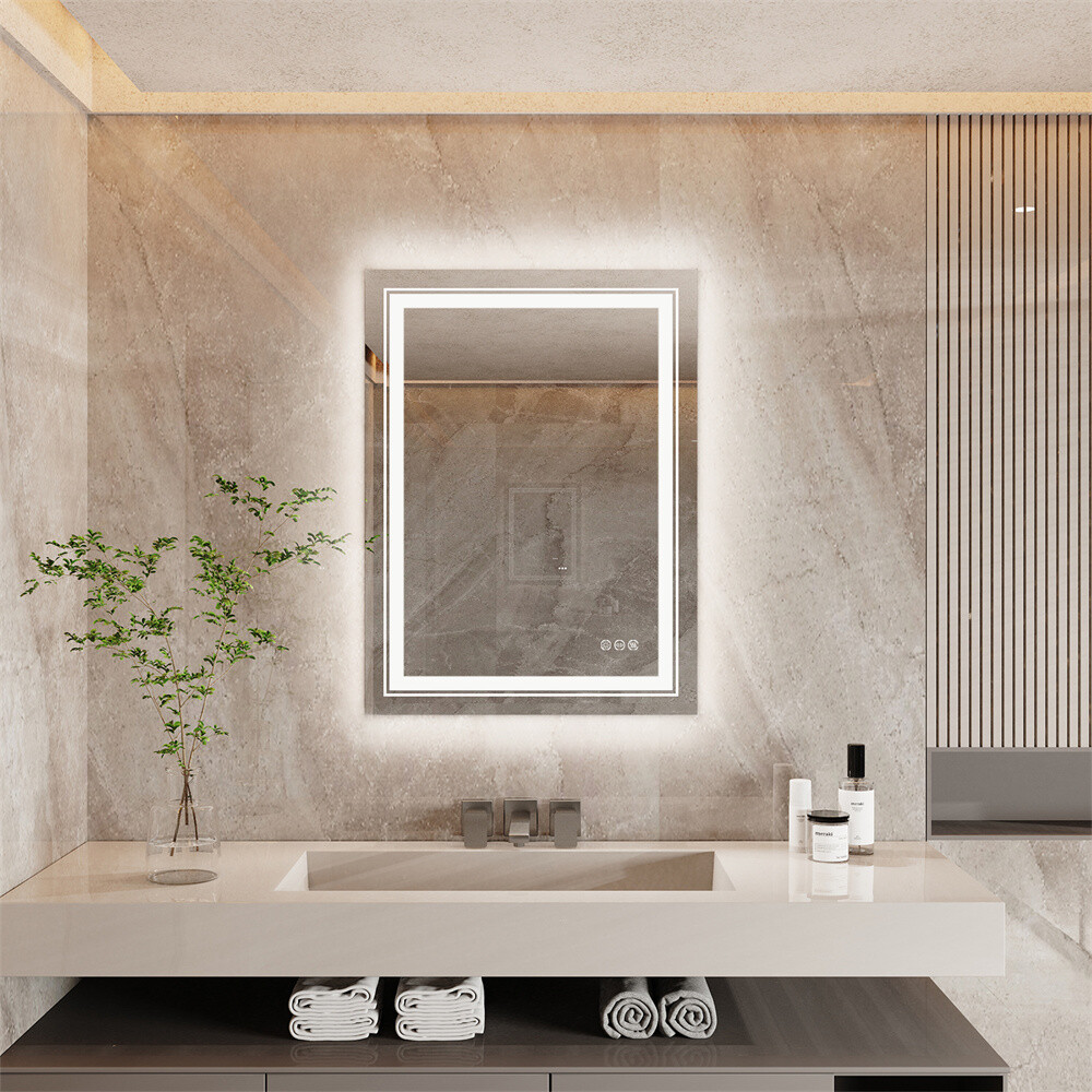 LED Mirror for Bathroom Vanity Front Light + Backlit Stepless Dimmable Anti-Fog