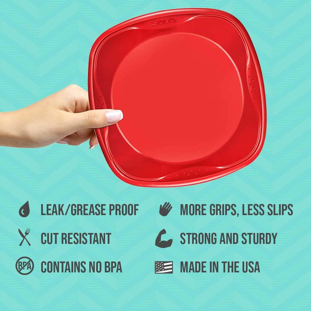 SOLO Squared Plastic Plates Red 10.25" Quantity 120 Deep Dish with Grip Dimples