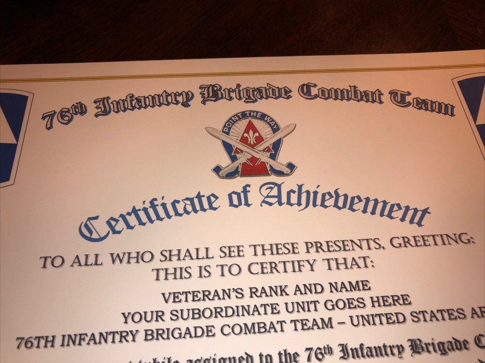 76TH INFANTRY BRIGADE COMBAT TEAM - COA / (COMMEMORATIVE CERTIFICATE)