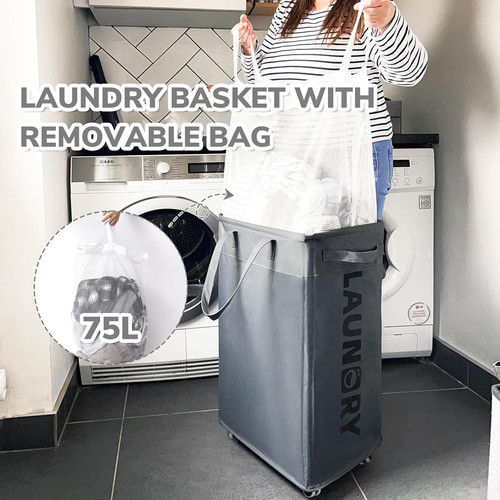 CHICVITA Hamper with Wheels 2-Pack, 75L Large Laundry Grey