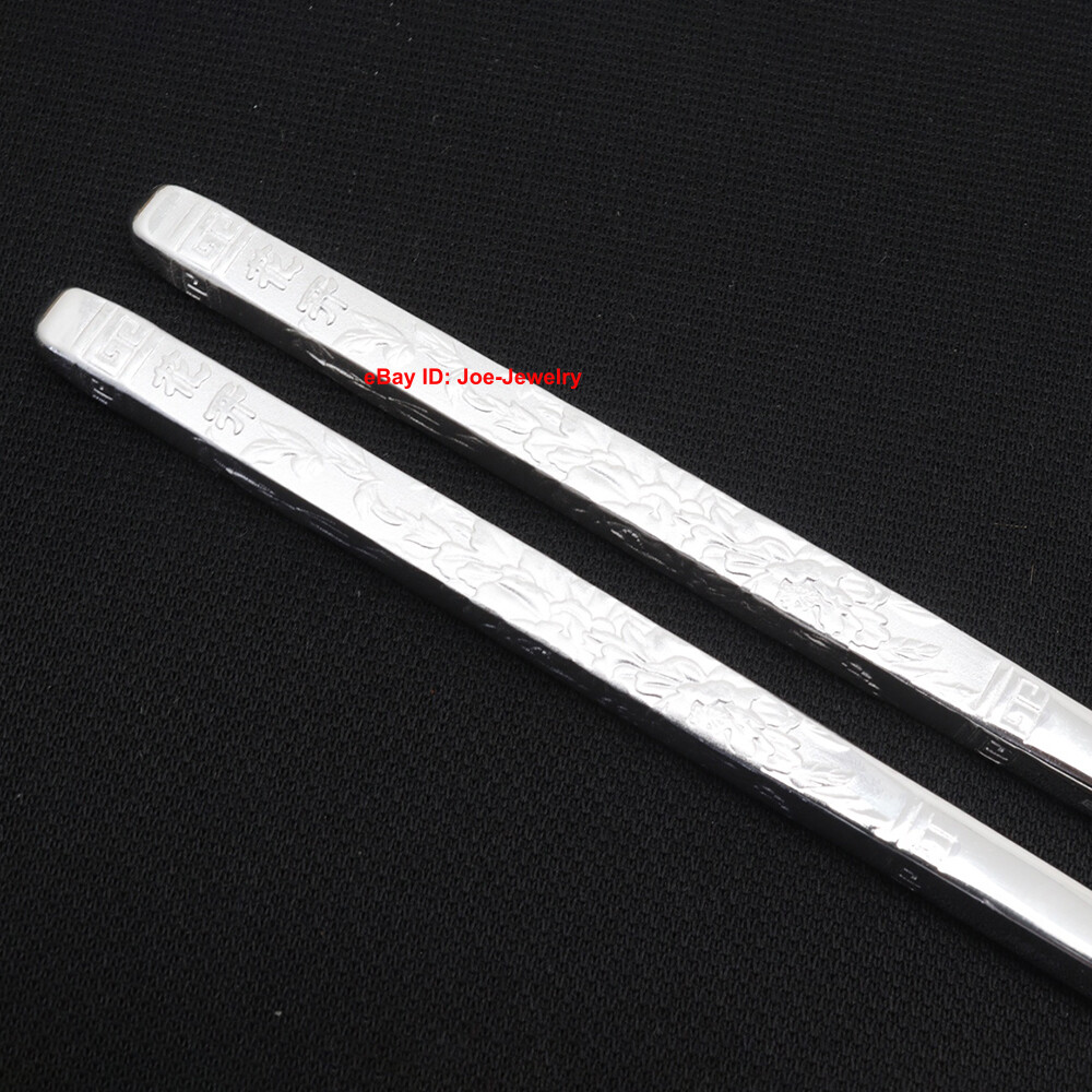 Real 999 Fine Silver Chopsticks Solid Silver Healthy Tableware Peony PatternGIFT